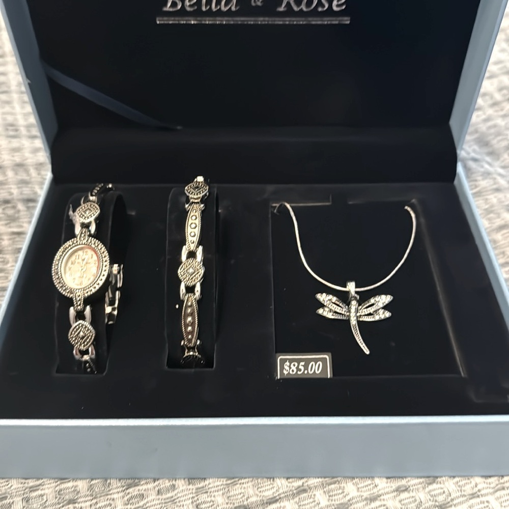 Bella & Rose silver watch, bracelet and dragon fly necklace.